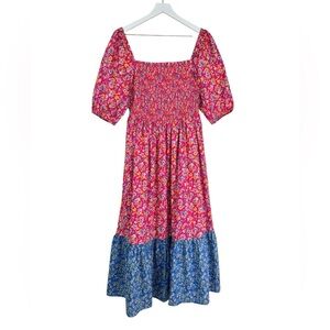 House of Harlow 1960 Floral Puff Sleeve Smocked Tiered Cottage Core Midi Dress L
